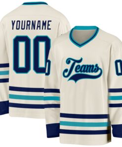 Custom Cream Navy-Teal Hockey Jersey