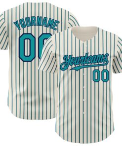 Custom Cream (Navy Teal Pinstripe) Teal-Navy Authentic Baseball Jersey