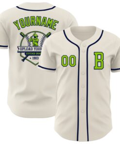 Custom Cream Neon Green-Navy Authentic Baseball Jersey