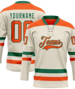 Custom Cream Orange-Kelly Green Hockey Lace Neck Jersey
