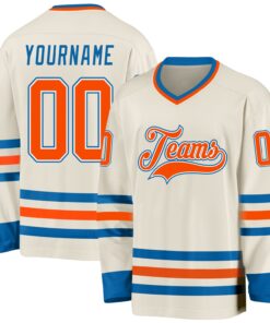 Custom Cream Orange White-Blue Hockey Jersey