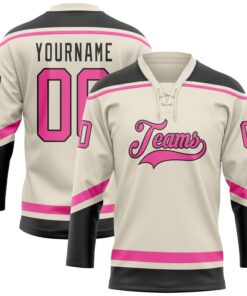 Custom Cream Pink-Black Hockey Lace Neck Jersey