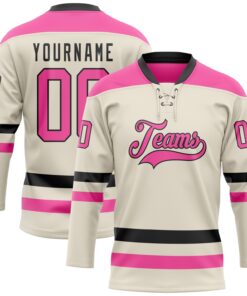 Custom Cream Pink-Black Hockey Lace Neck Jersey