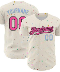 Custom Cream Pink Black-Light Blue 3D Pattern Design Confetti Authentic Baseball Jersey