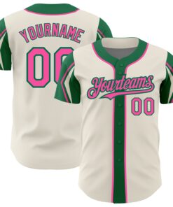 Custom Cream Pink-Kelly Green 3 Colors Arm Shapes Authentic Baseball Jersey