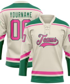 Custom Cream Pink-Kelly Green Hockey Lace Neck Jersey