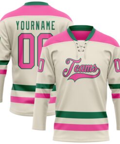 Custom Cream Pink-Kelly Green Hockey Lace Neck Jersey