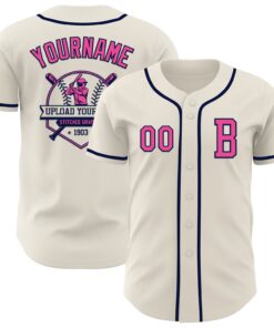 Custom Cream Pink-Navy Authentic Baseball Jersey