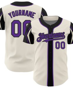 Custom Cream Purple-Black 3 Colors Arm Shapes Authentic Baseball Jersey