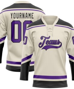 Custom Cream Purple-Black Hockey Lace Neck Jersey