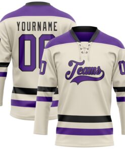 Custom Cream Purple-Black Hockey Lace Neck Jersey