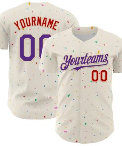 Custom Cream Purple-Red 3D Pattern Design Confetti Authentic Baseball Jersey