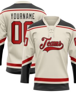 Custom Cream Red-Black Hockey Lace Neck Jersey