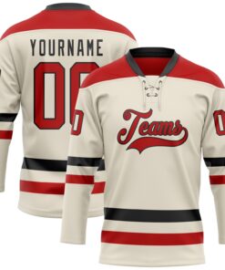 Custom Cream Red-Black Hockey Lace Neck Jersey