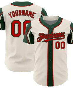 Custom Cream Red-Green 3 Colors Arm Shapes Authentic Baseball Jersey
