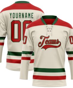 Custom Cream Red-Green Hockey Lace Neck Jersey