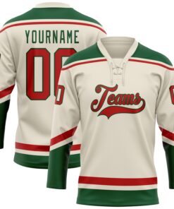 Custom Cream Red-Green Hockey Lace Neck Jersey