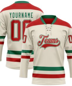 Custom Cream Red-Kelly Green Hockey Lace Neck Jersey