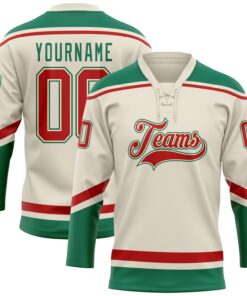 Custom Cream Red-Kelly Green Hockey Lace Neck Jersey