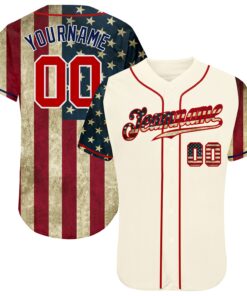 Custom Cream Red-Navy 3D American Flag Authentic Baseball Jersey