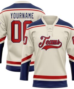 Custom Cream Red-Navy Hockey Lace Neck Jersey