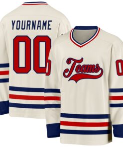 Custom Cream Red Navy-White Hockey Jersey