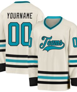 Custom Cream Teal-Black Hockey Jersey