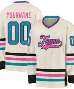 Custom Cream Teal Black-Pink Hockey Jersey