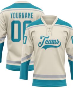 Custom Cream Teal-Gray Hockey Lace Neck Jersey