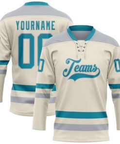 Custom Cream Teal-Gray Hockey Lace Neck Jersey