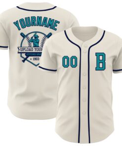 Custom Cream Teal-Navy Authentic Baseball Jersey