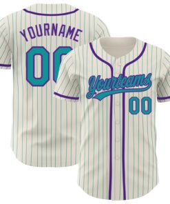 Custom Cream Teal Pinstripe Purple Authentic Baseball Jersey
