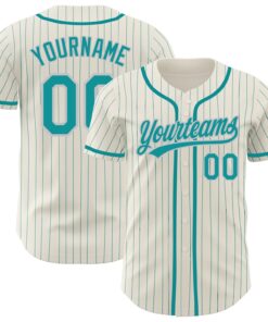 Custom Cream Teal Pinstripe Teal-Gray Authentic Baseball Jersey