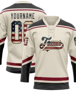 Custom Cream Vintage USA Flag Black-Maroon Hockey Lace Neck Jersey