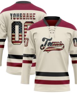 Custom Cream Vintage USA Flag Black-Maroon Hockey Lace Neck Jersey