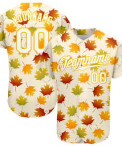 Custom Cream White-Gold 3D Pattern Design Maple Leaf Authentic Baseball Jersey
