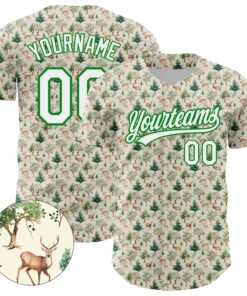 Custom Cream White-Grass Green 3D Pattern Design Animal Deer Authentic Baseball Jersey