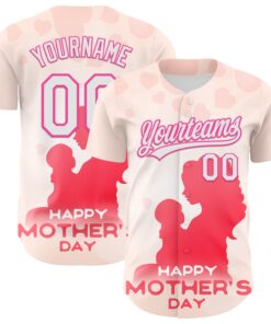 Custom Cream White-Pink 3D Pattern Design Mother's Day Family Love Authentic Baseball Jersey