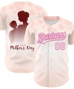 Custom Cream White-Pink 3D Pattern Design Mother's Day Family Love Authentic Baseball Jersey