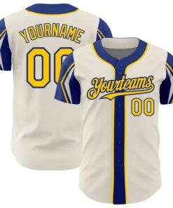 Custom Cream Yellow-Royal 3 Colors Arm Shapes Authentic Baseball Jersey