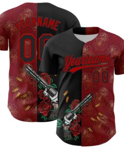Custom Crimson Black-Red 3D Pattern Design Gothic Style Gun With Rose Authentic Baseball Jersey