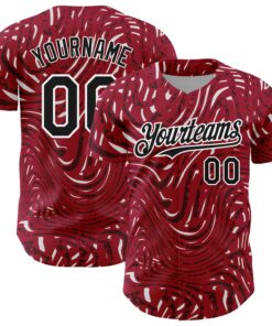 Custom Crimson Black-White 3D Pattern Design Abstract Fluid Authentic Baseball Jersey