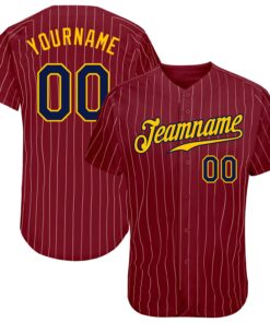 Custom Crimson Cream Pinstripe Navy-Gold Authentic Baseball Jersey