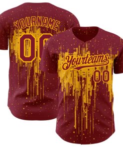 Custom Crimson Gold 3D Pattern Design Dripping Splatter Art Authentic Baseball Jersey