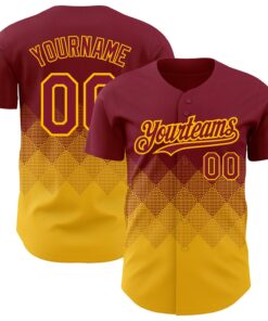 Custom Crimson Gold 3D Pattern Design Gradient Square Shapes Authentic Baseball Jersey