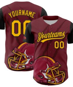 Custom Crimson Gold-Black 3D Pattern Design Football Helmet And Animal Claw Authentic Baseball Jersey