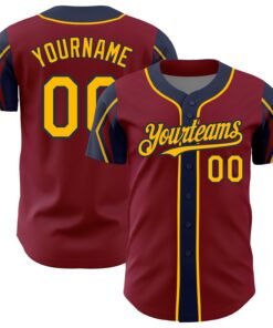Custom Crimson Gold-Navy 3 Colors Arm Shapes Authentic Baseball Jersey