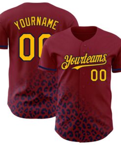 Custom Crimson Gold-Navy 3D Pattern Design Leopard Print Fade Fashion Authentic Baseball Jersey
