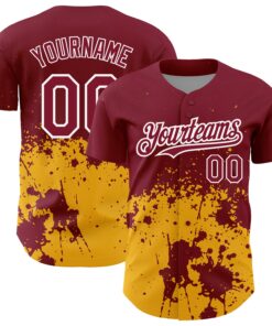Custom Crimson Gold-White 3D Pattern Design Abstract Splash Grunge Art Authentic Baseball Jersey
