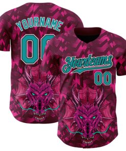 Custom Crimson Teal-Black 3D Pattern Design Animal Dragon Authentic Baseball Jersey